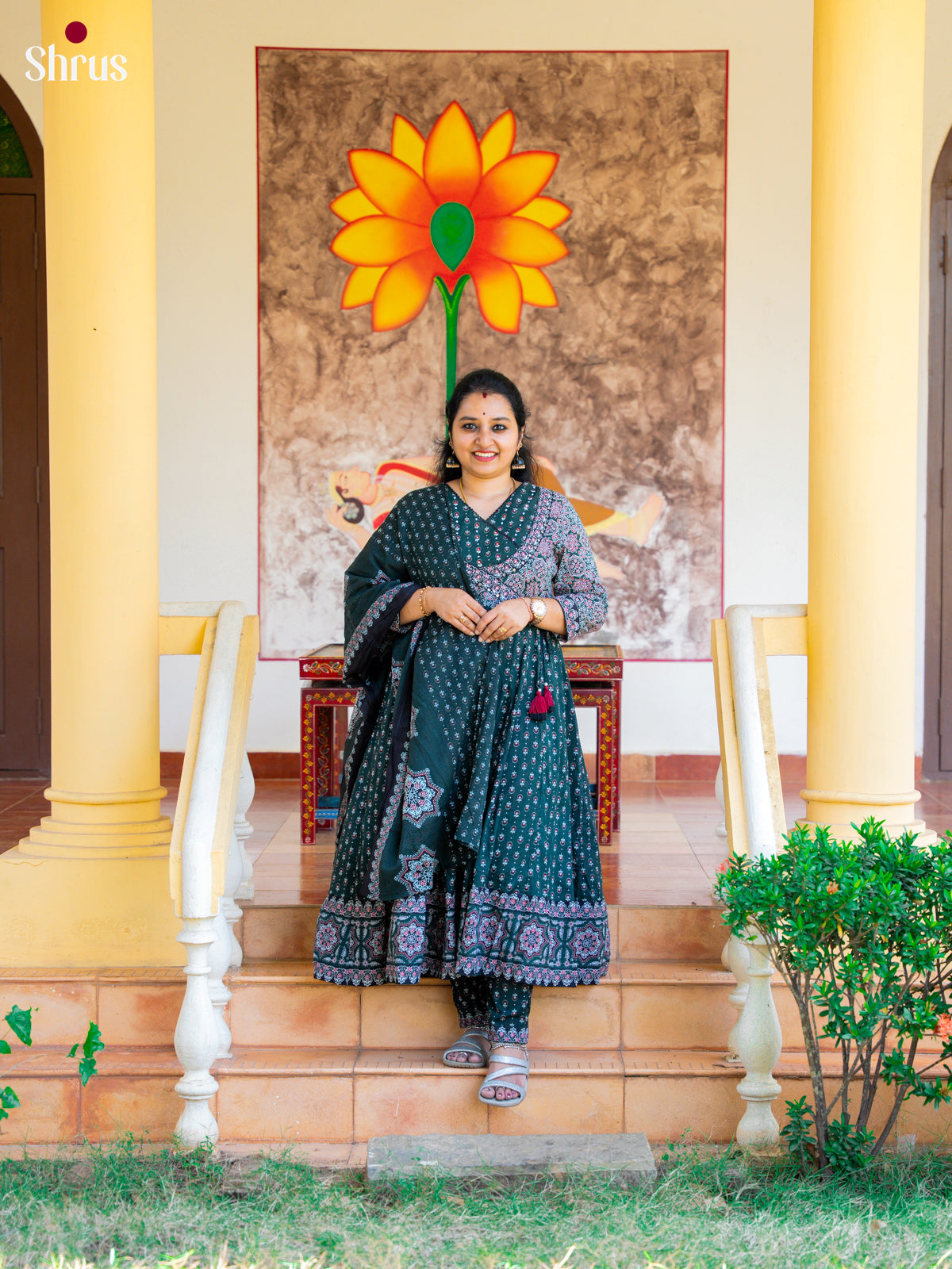 Green Cotton 3PC Salwar Suit with Ajrakh jPrint - Top, Bottom & Dupatta