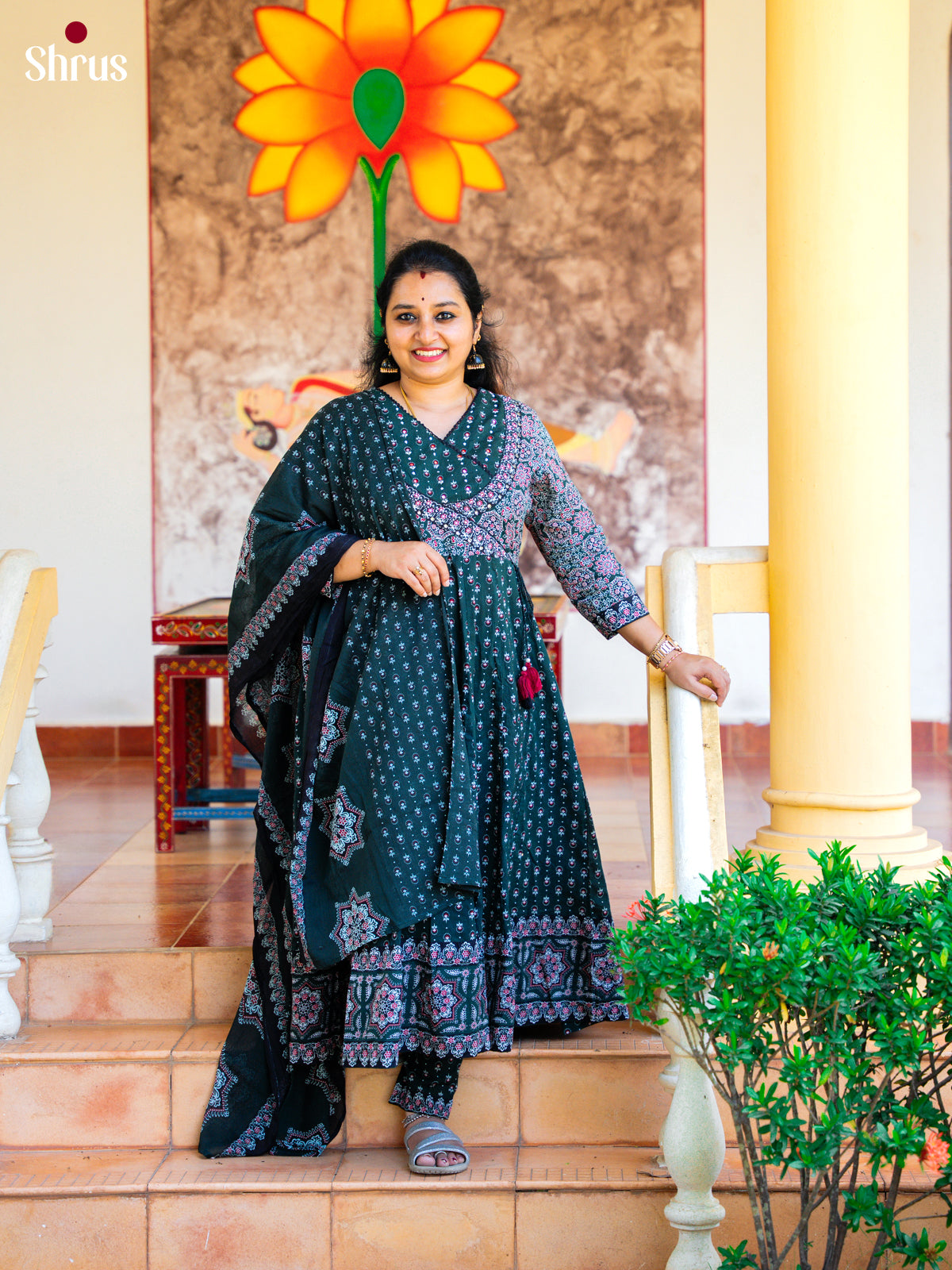 Green Cotton 3PC Salwar Suit with Ajrakh jPrint - Top, Bottom & Dupatta