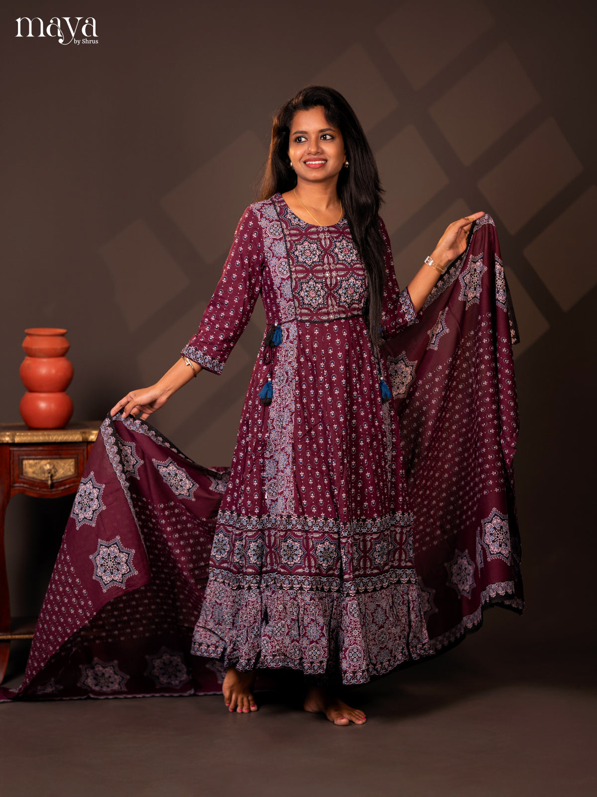 Purple Cotton 3PC Salwar Suit with Ajrakh jPrint - Top, Bottom & Dupatta