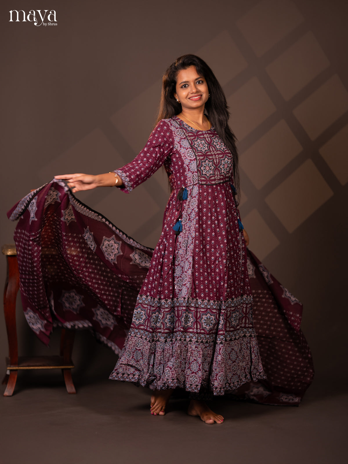 Purple Cotton 3PC Salwar Suit with Ajrakh jPrint - Top, Bottom & Dupatta