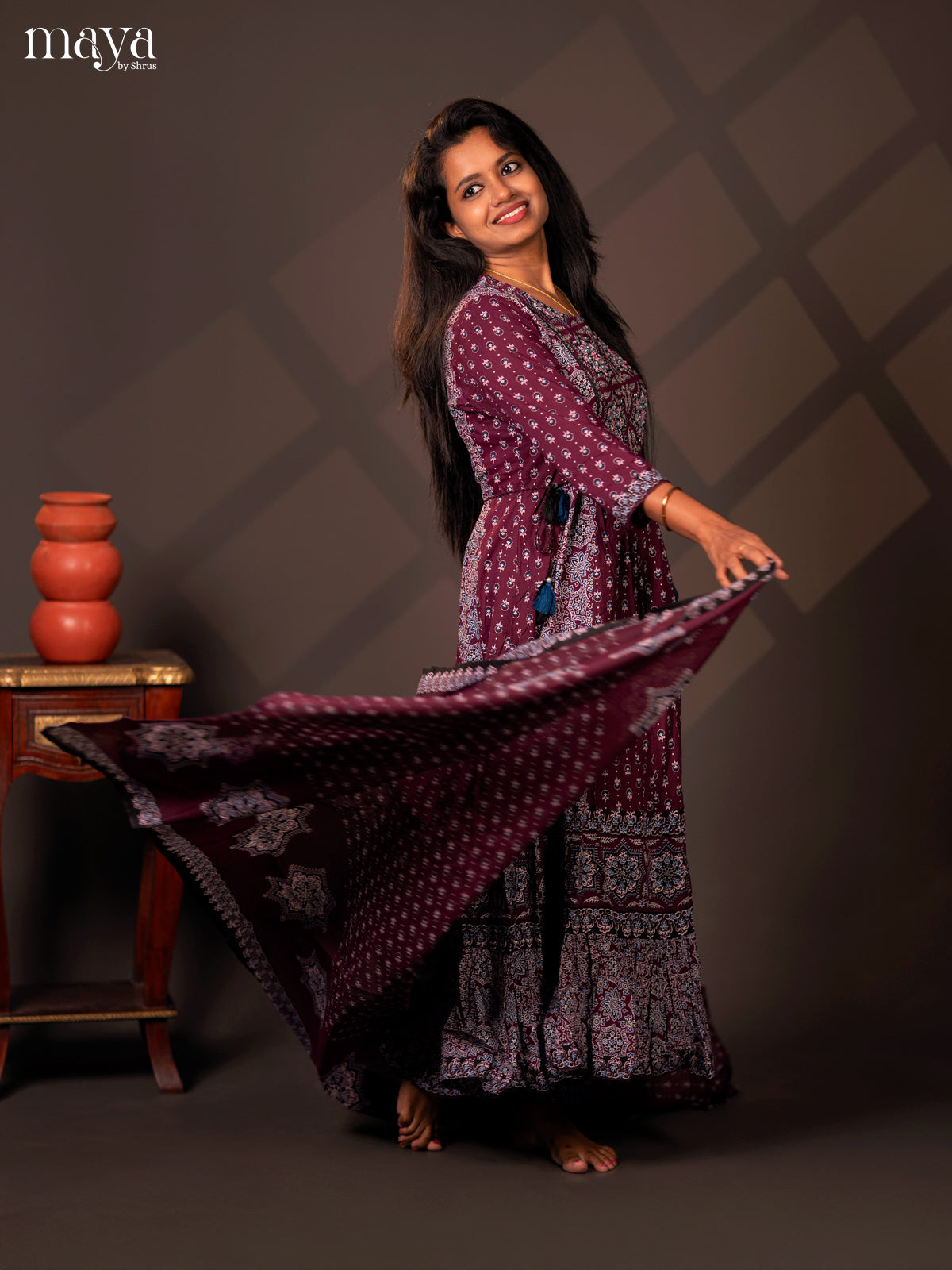 Purple Cotton 3PC Salwar Suit with Ajrakh jPrint - Top, Bottom & Dupatta