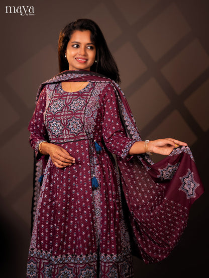 Purple Cotton 3PC Salwar Suit with Ajrakh jPrint - Top, Bottom & Dupatta