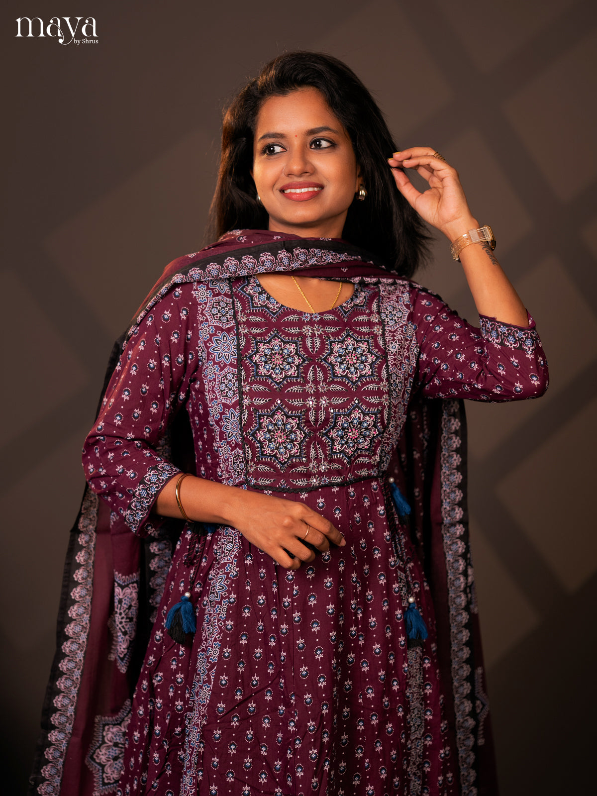 Purple Cotton 3PC Salwar Suit with Ajrakh jPrint - Top, Bottom & Dupatta