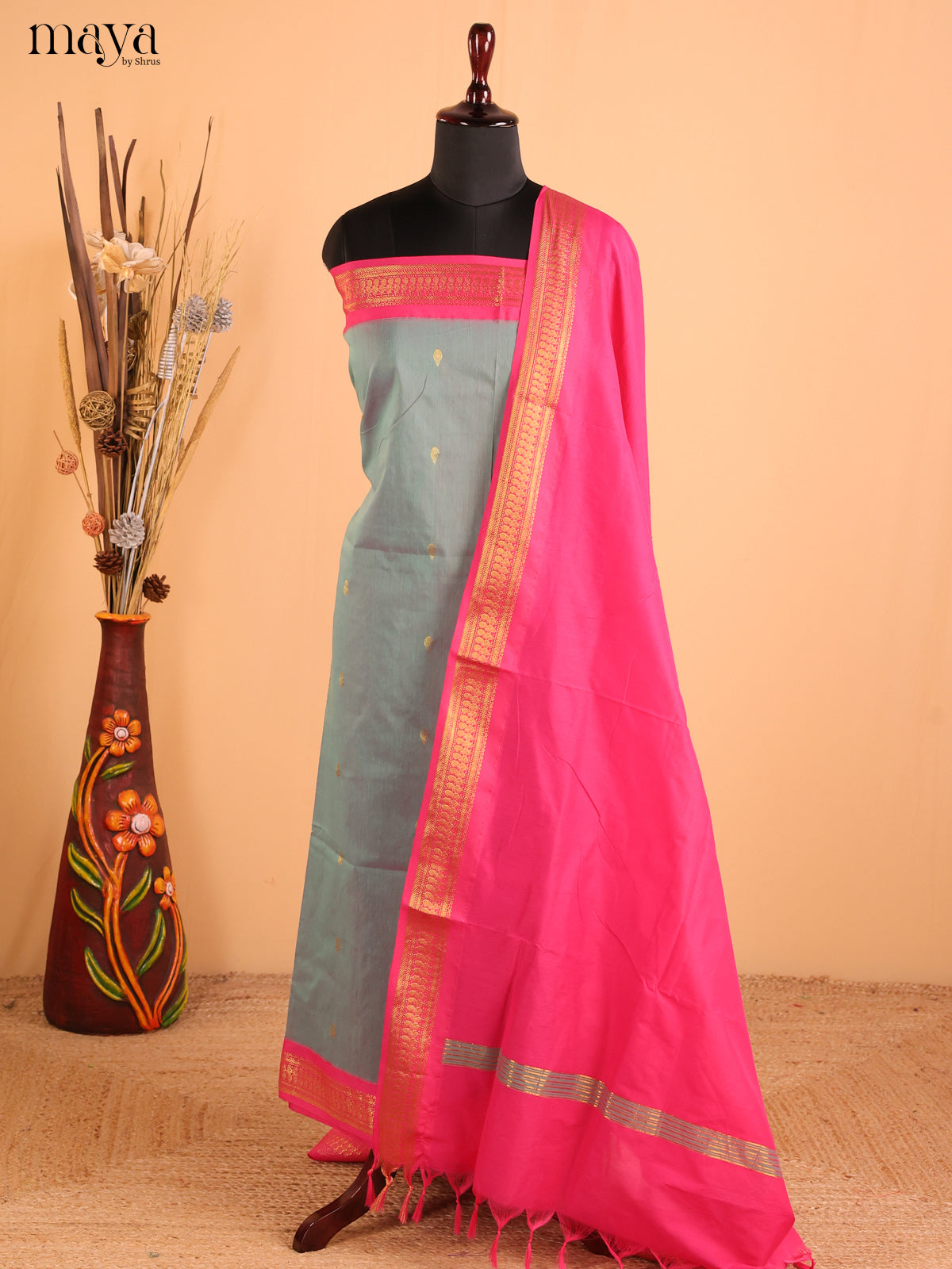 Bluish Grey with Pink - Kalyani Cotton unstitched Top & Dupatta - MDC20002