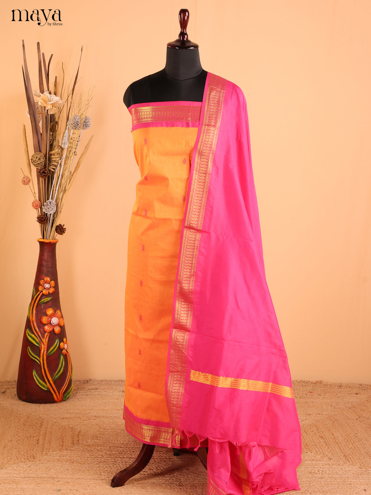 Orange with Pink Kalyani Cotton Unstitched Top & Dupatta - MDC20006