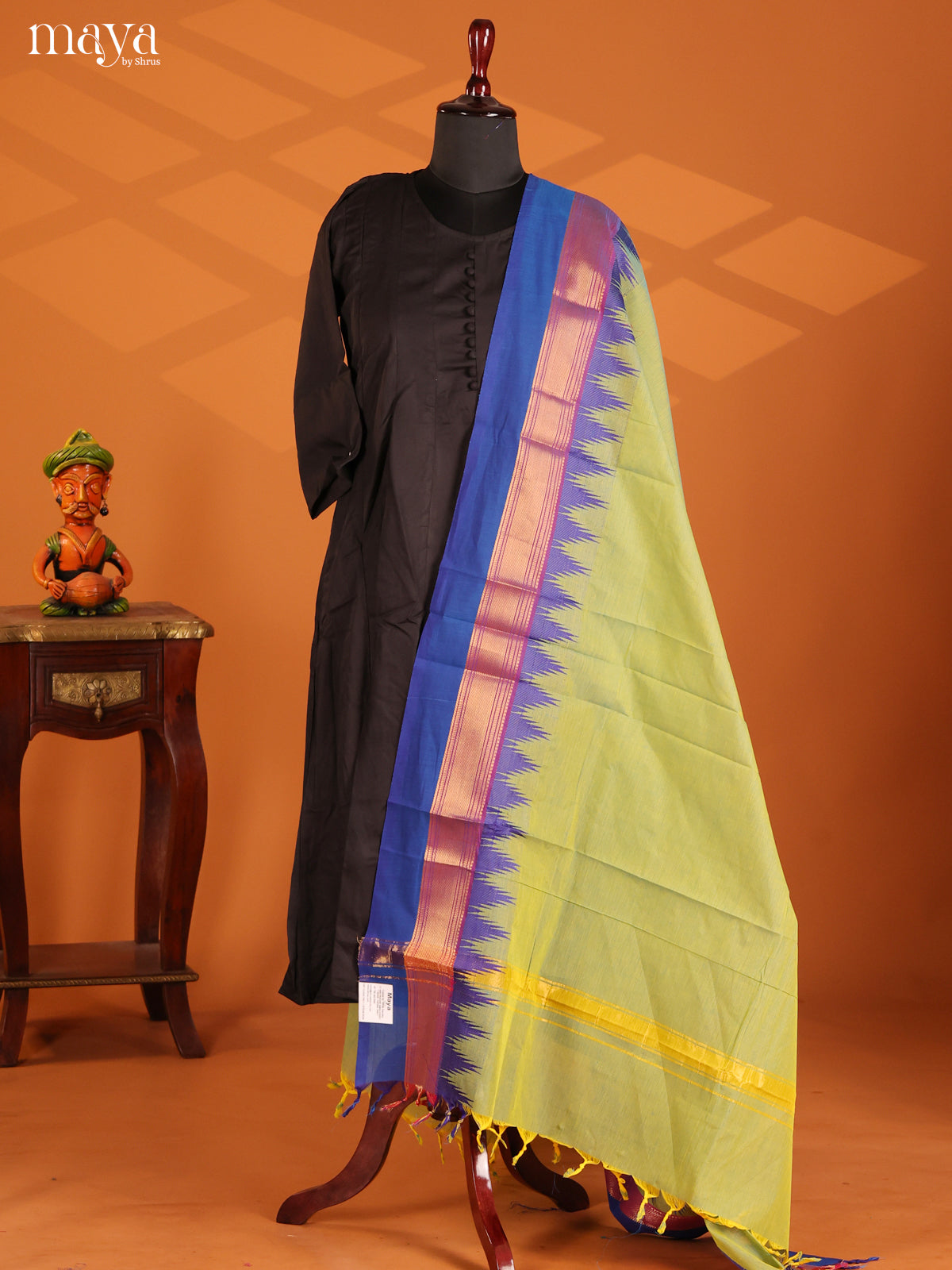 Green & Blue Chettina Cotton Dupatta with blue zari border