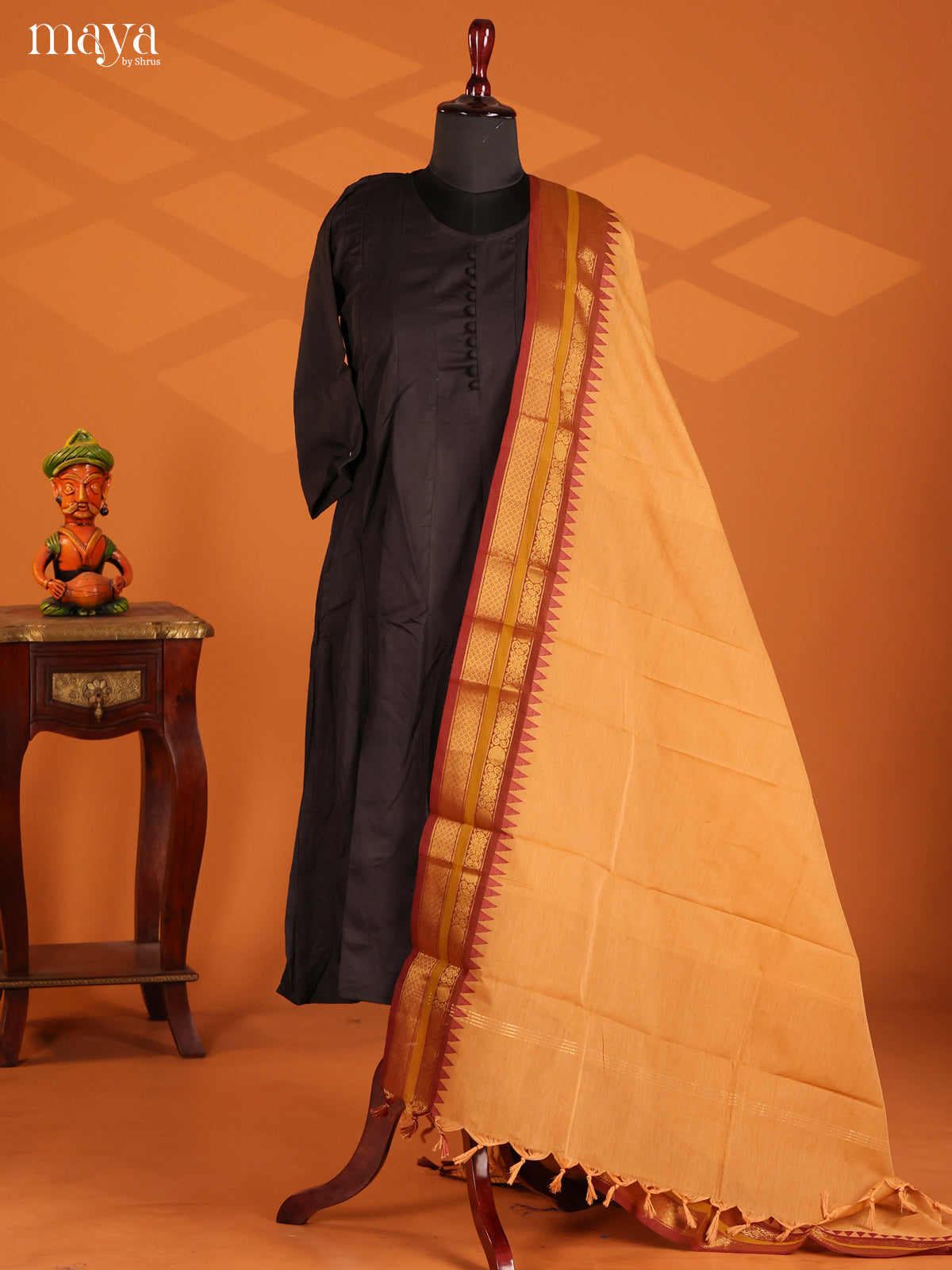 Beige Chettinad cotton Dupatta with Brown zari border
