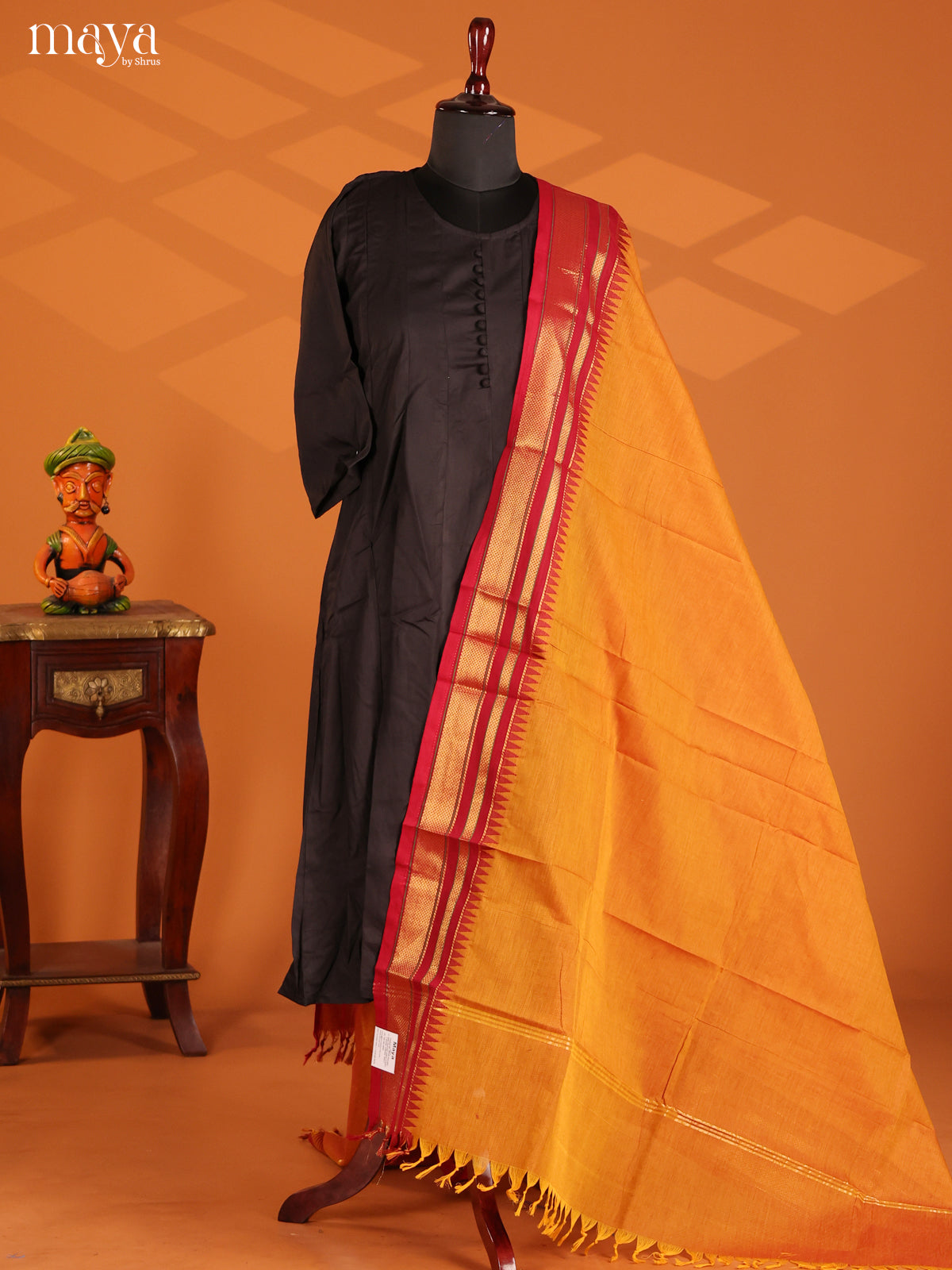 Bright Mustard Chettinad cotton  Dupatta with Red zari border