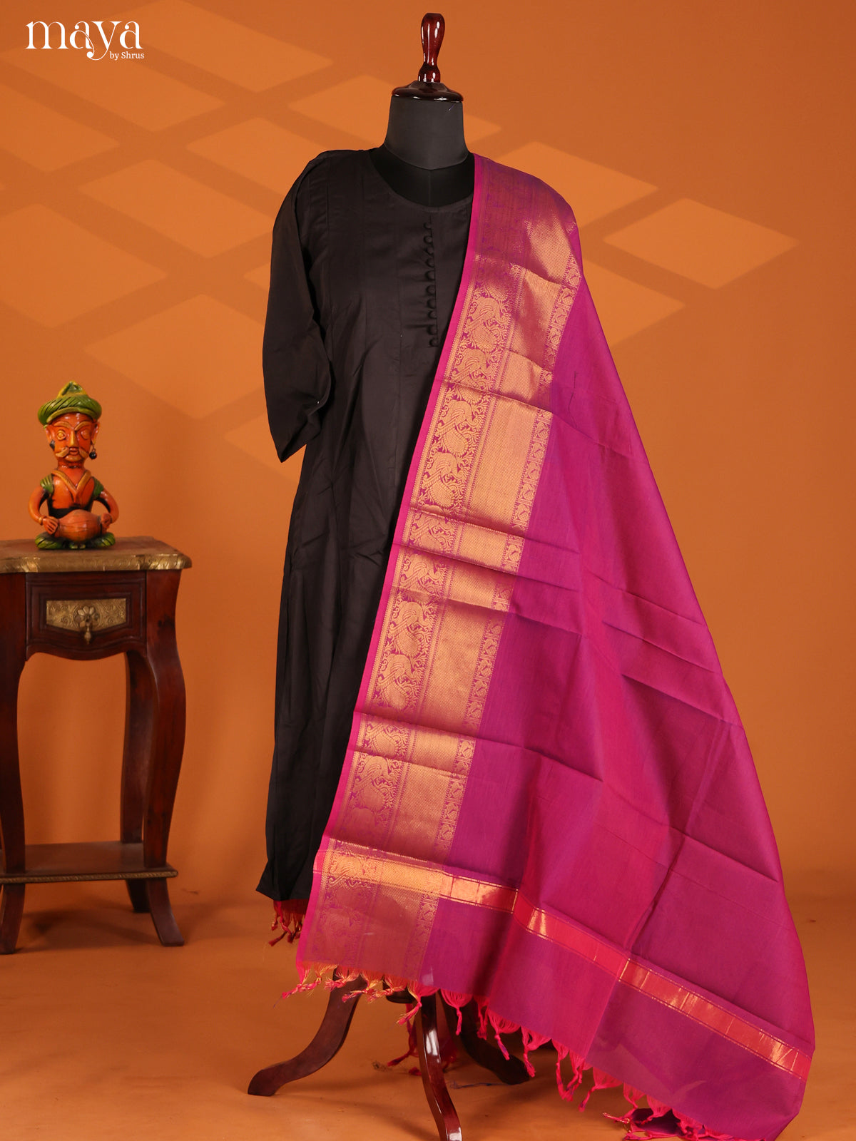 Pink Chettinad Cotton Dupatta with Zari Borders