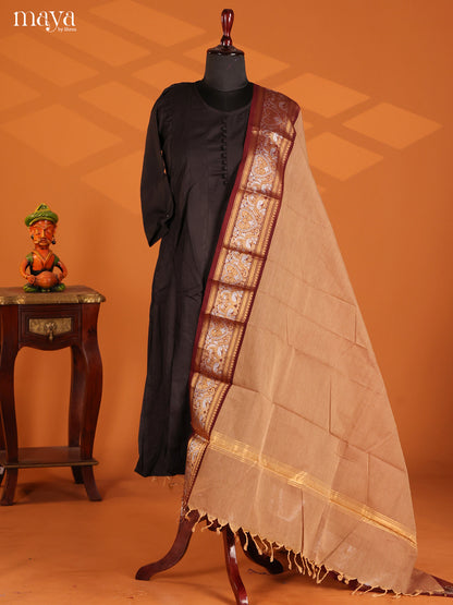 Elegant Beige Chettinad  Dupatta with Maroon zari border