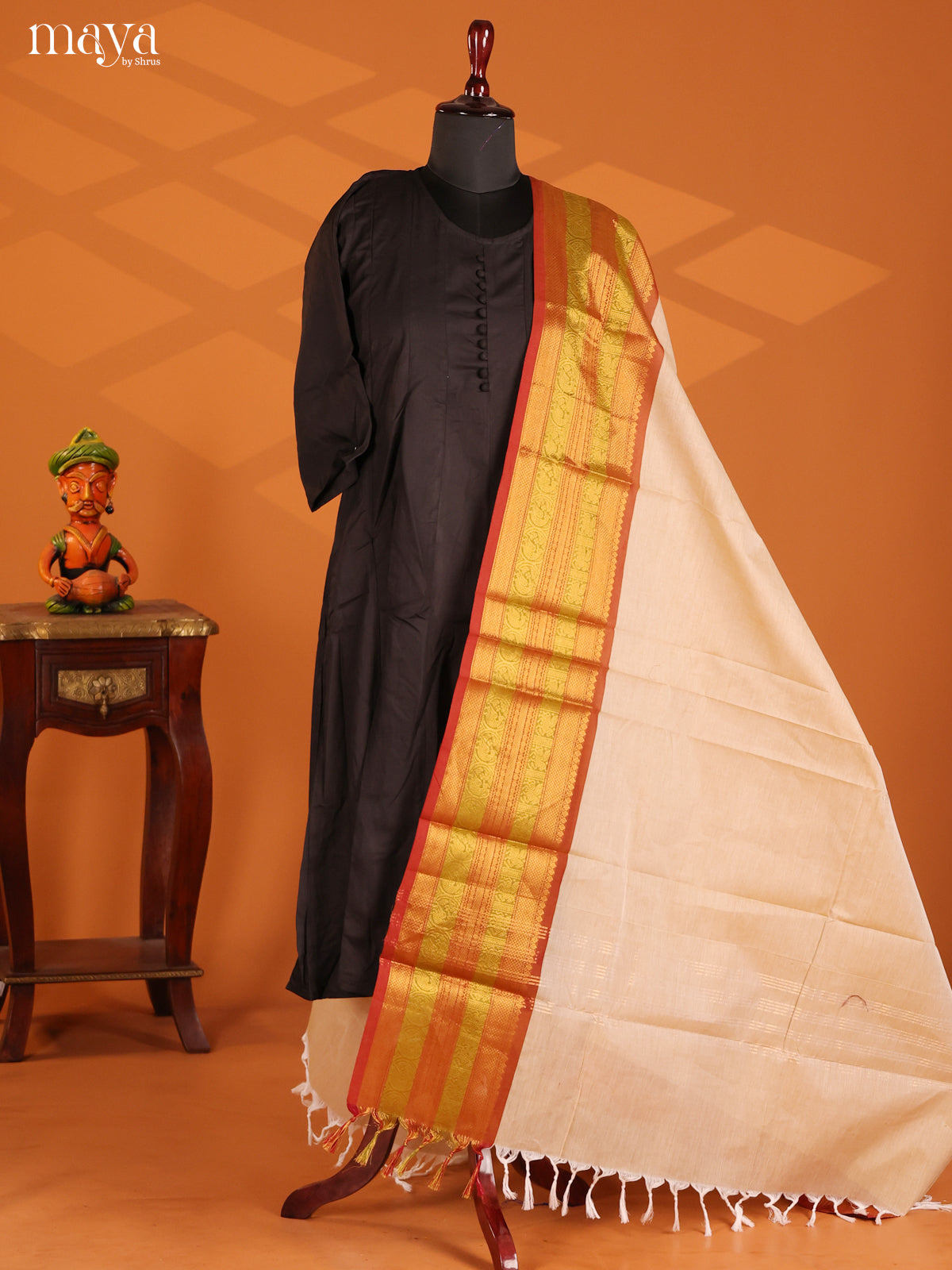 Charming Cream Chettinad cotton Dupatta with Red zari Border