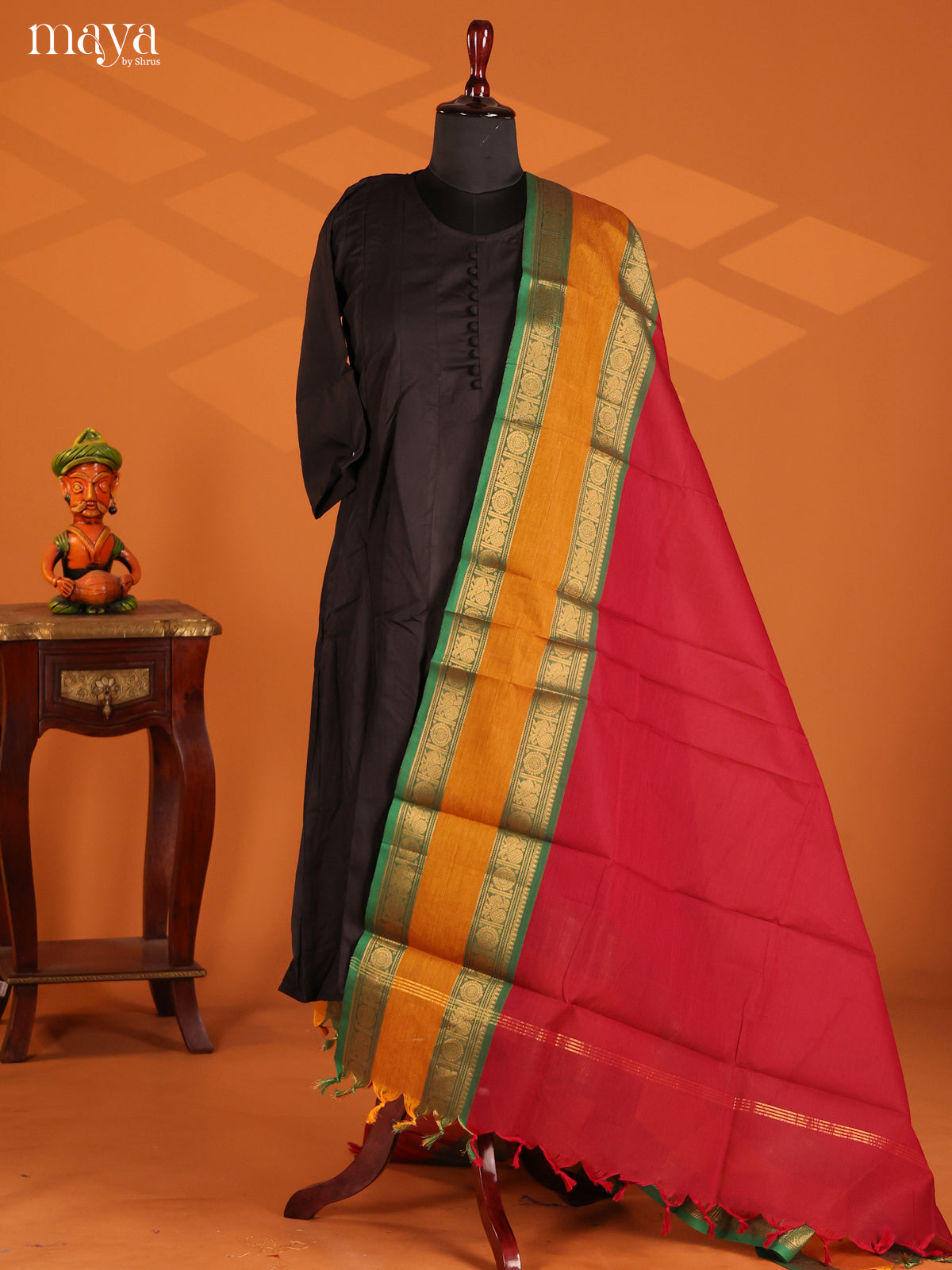Red Chettinad Cotton Dupatta with Green zari border