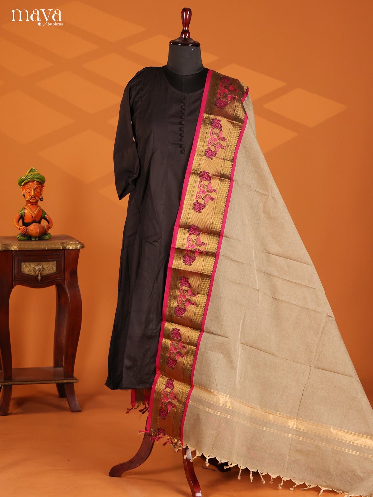 Grey & Pink Chettinad Cotton Dupatta