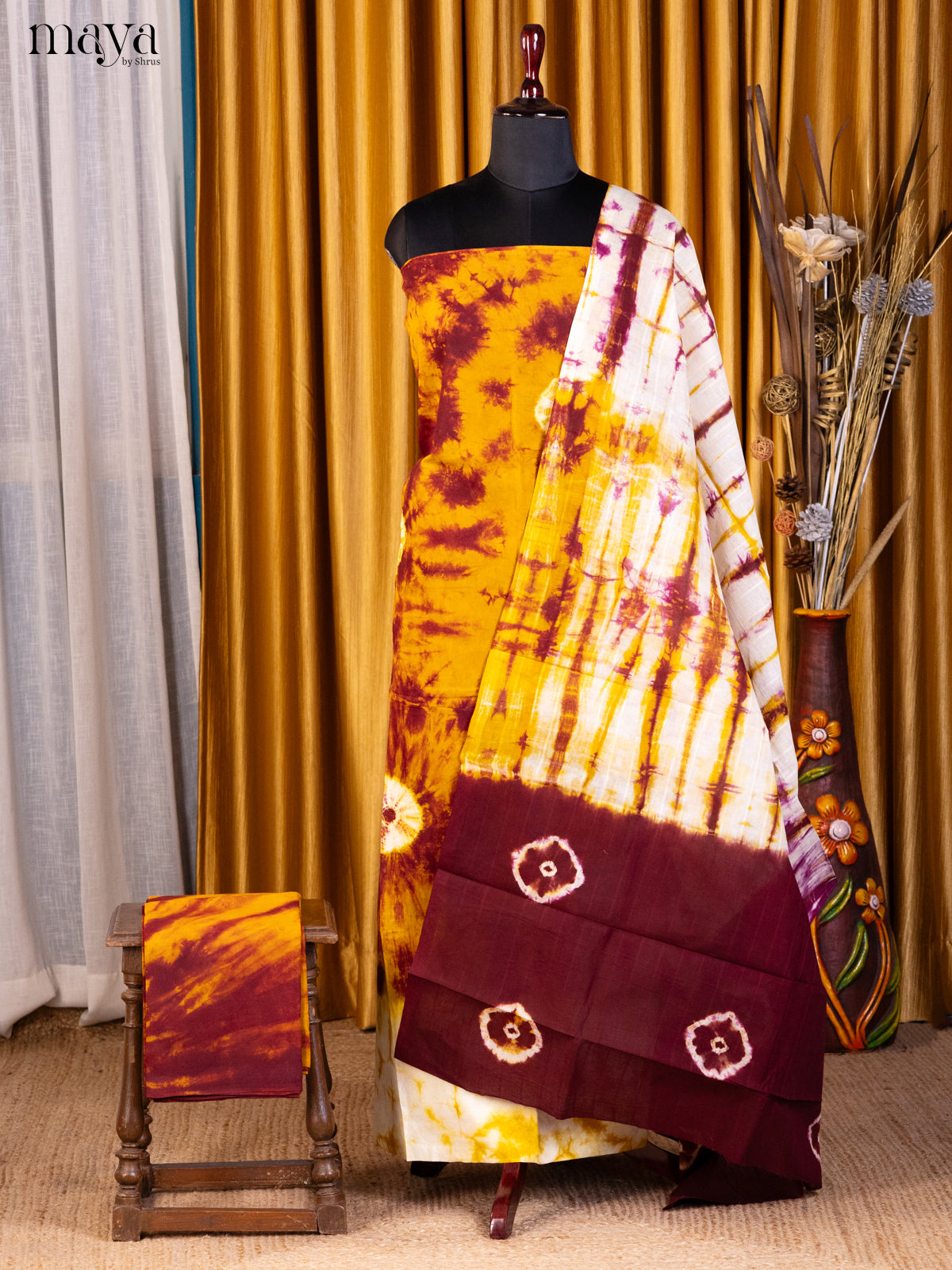 Mustard with Maroon- Shibori Salwar