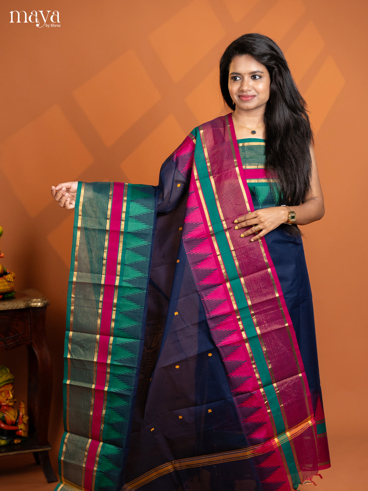 Navy Blue & Teal Green Chettinad Cotton Unstitched Top & Dupatta Suit Set - MDD17003