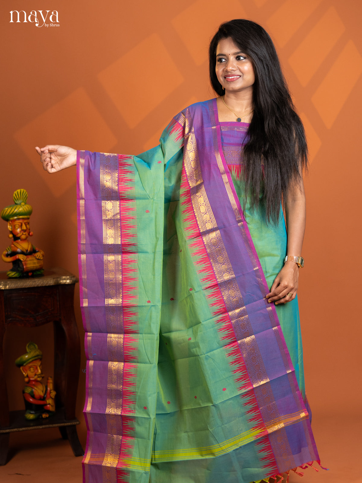 Dual Tone parrot Green with Rama blue chettinad top & dupatta - MDD17011