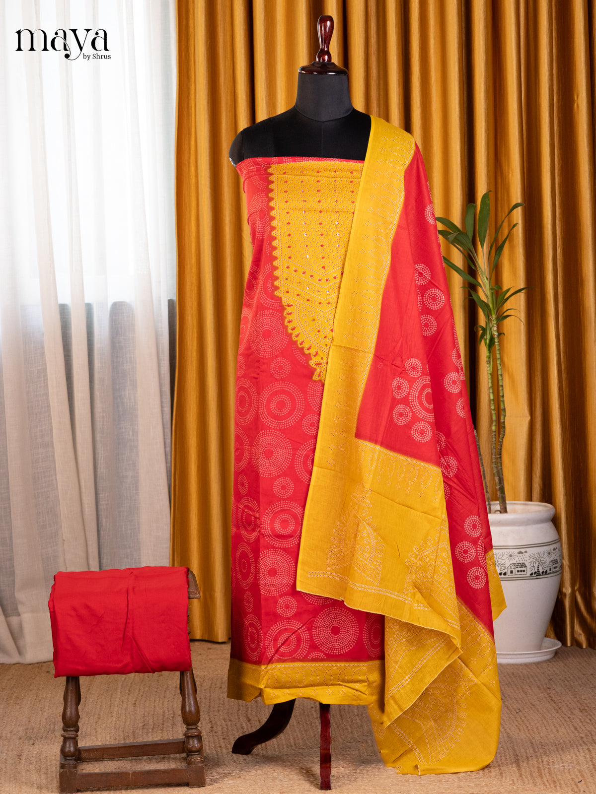Red & Yellow - Bandhini salwar Unstitch