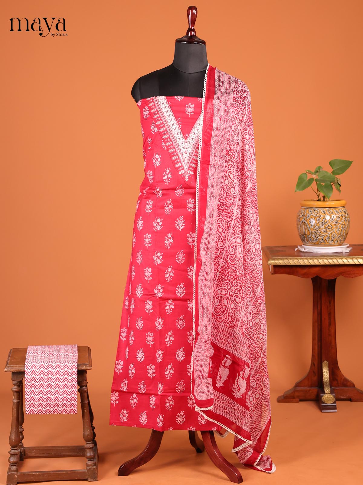 Pink - Cotton Unstitched Top, Bottom & Dupatta Suit Set- MDD21001