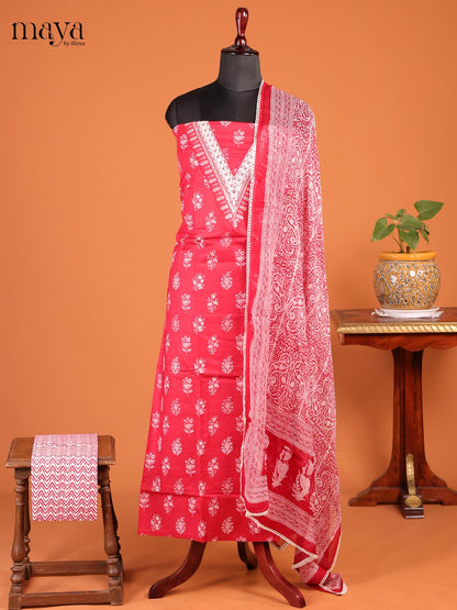 Pink - Cotton Unstitched Top, Bottom & Dupatta Suit Set- MDD21001