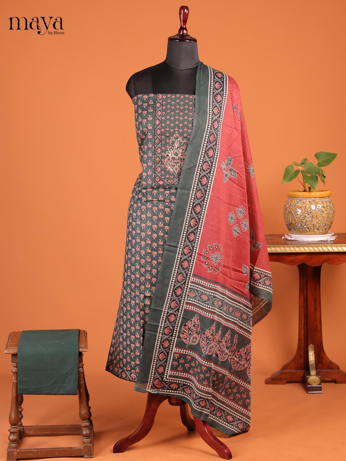 Dark Green with Red - Cotton salwar
