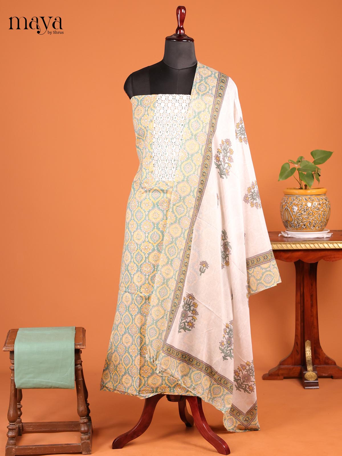 Green , Yellow & Cream - MDD21020 - Cotton salwar