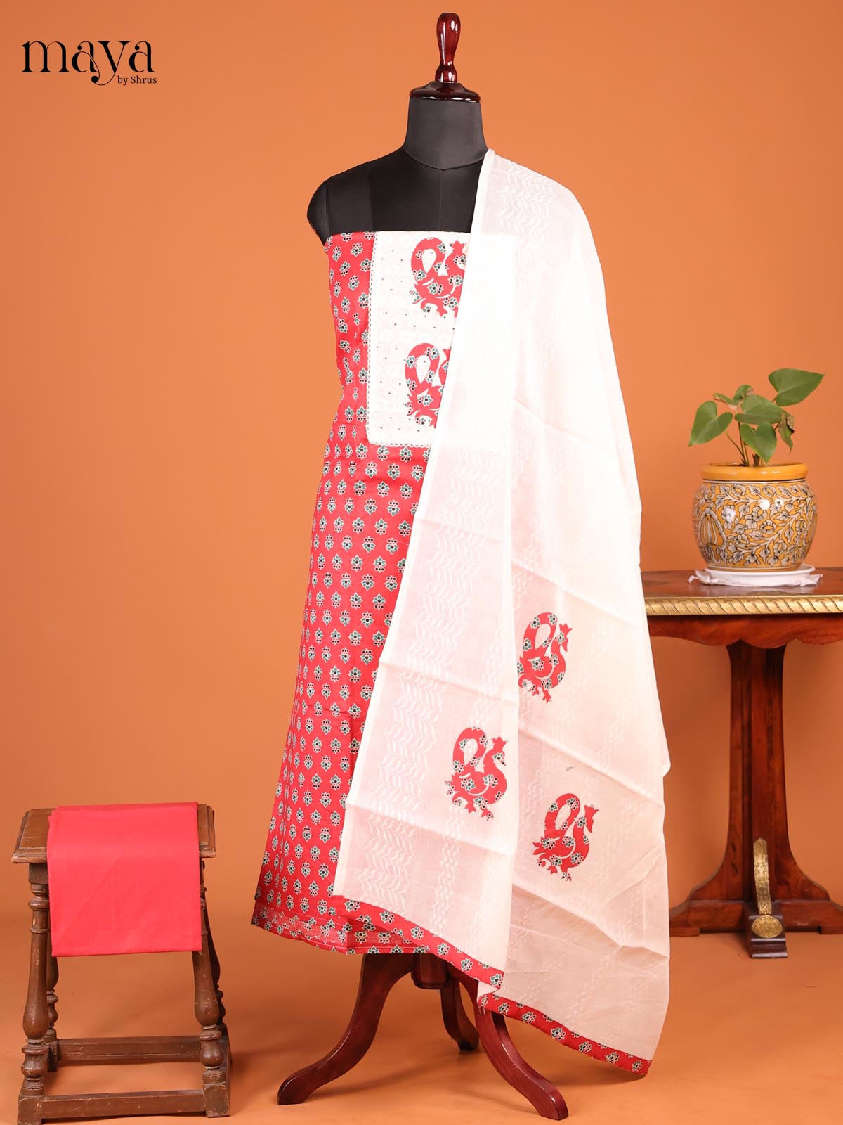 Red &  Cream -MDD21044 - Cotton salwar