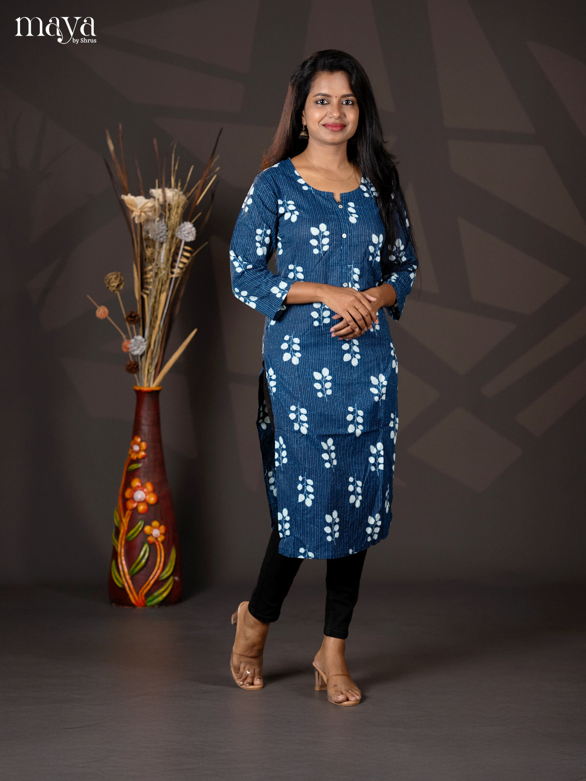 Indigo Blue Kantha Cotton Block Printed Straight Kurti