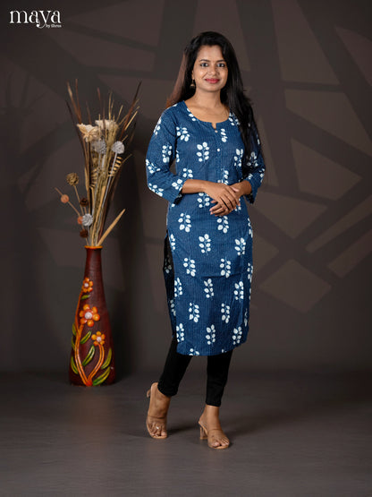 Indigo Blue Kantha Cotton Block Printed Straight Kurti