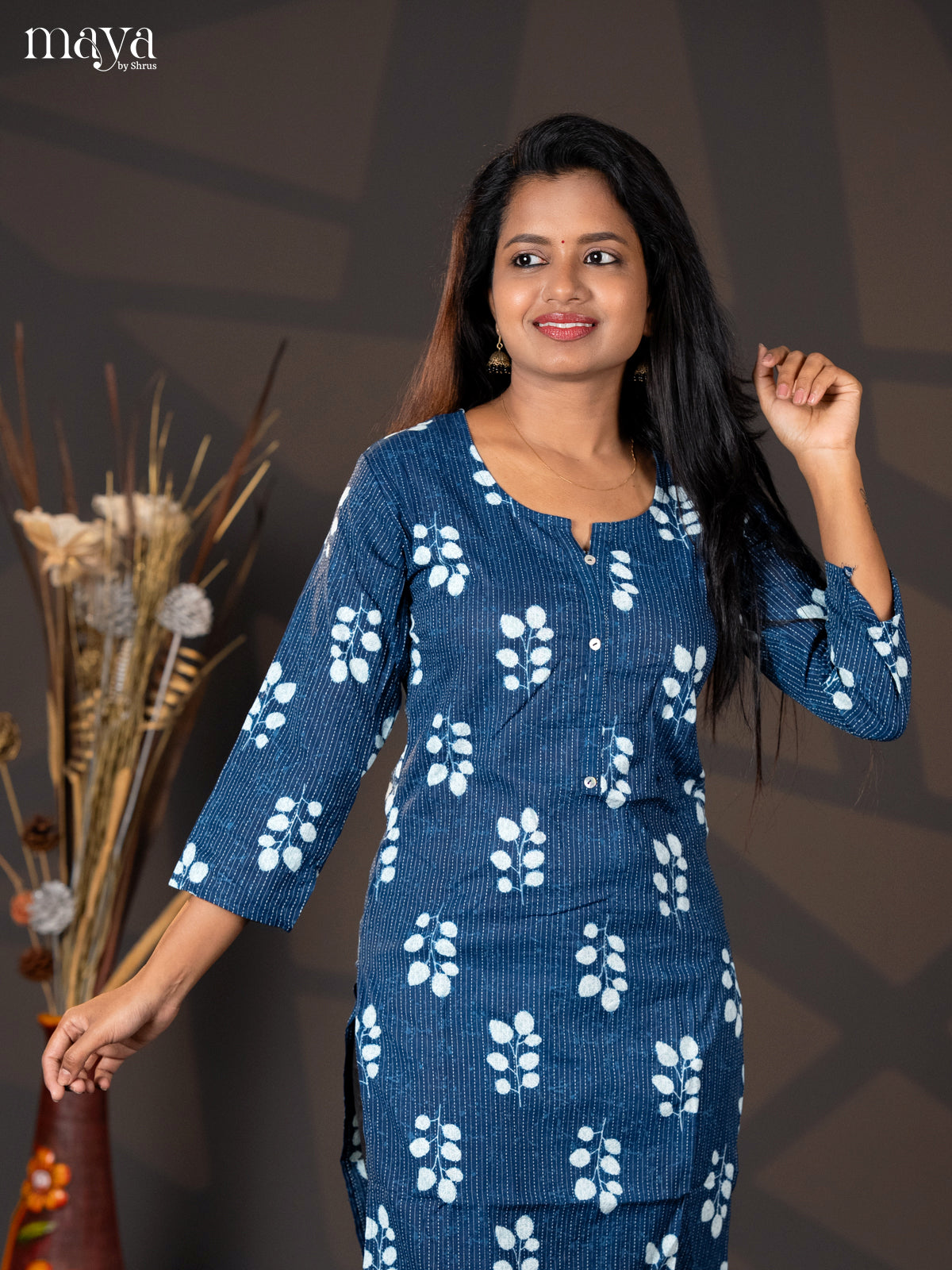 Indigo Blue Kantha Cotton Block Printed Straight Kurti