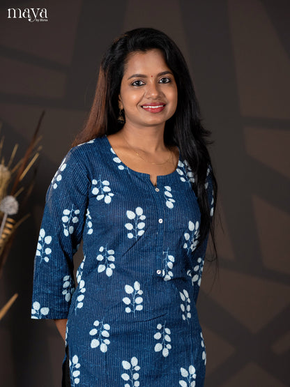 Indigo Blue Kantha Cotton Block Printed Straight Kurti