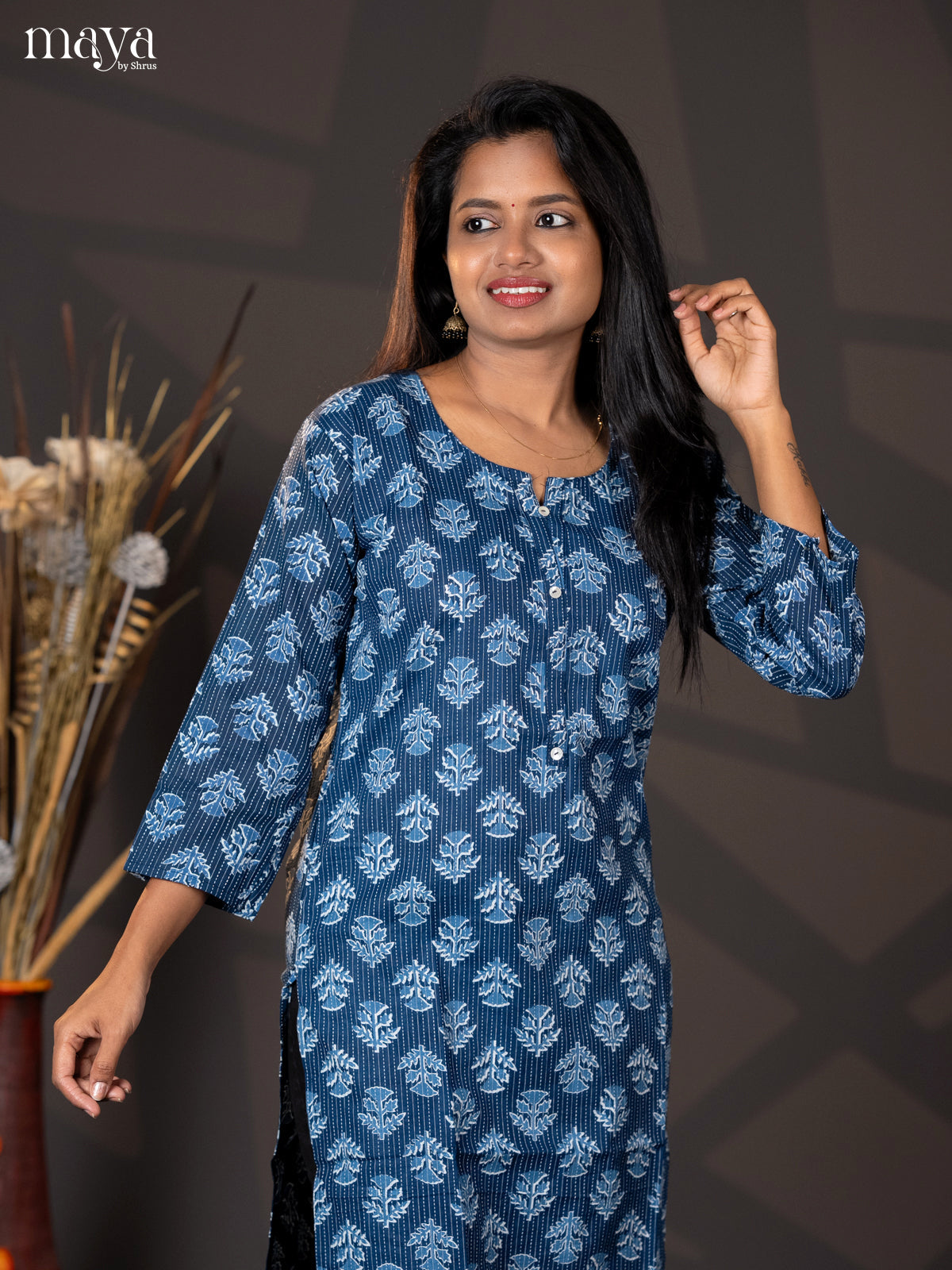 Indigo Blue Kantha Cotton Block Printed Straight Kurti