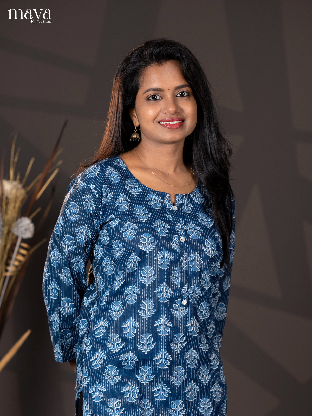 Indigo Blue Kantha Cotton Block Printed Straight Kurti