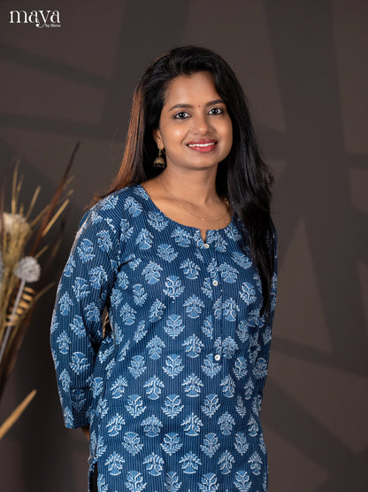 Indigo Blue Kantha Cotton Block Printed Straight Kurti