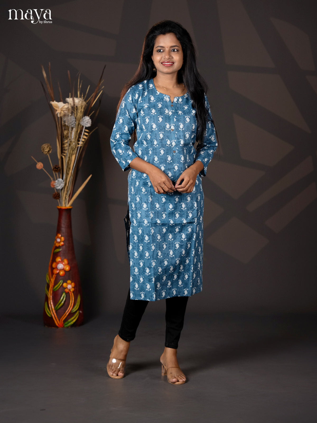 Light Blue Kantha Cotton paisley Printed Straight Kurti