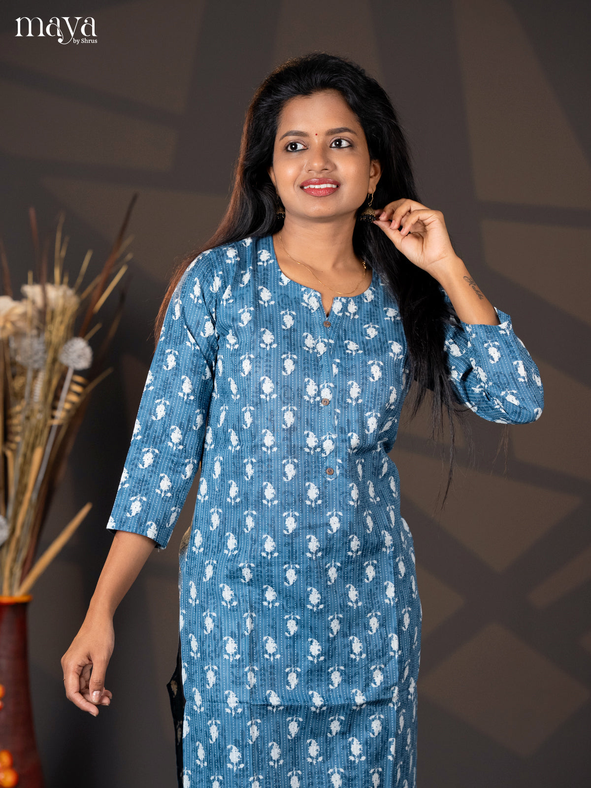 Light Blue Kantha Cotton paisley Printed Straight Kurti