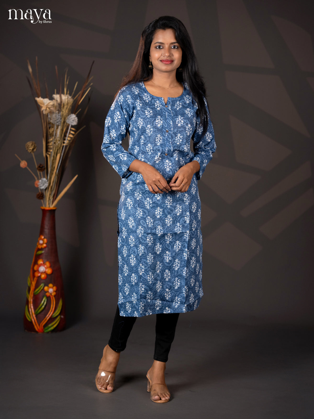 Indigo Blue Kantha Cotton Block Printed Straight Kurti