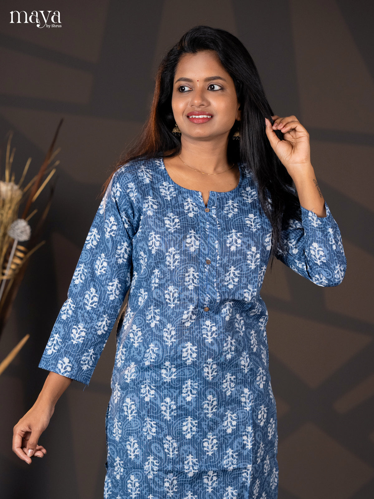 Indigo Blue Kantha Cotton Block Printed Straight Kurti