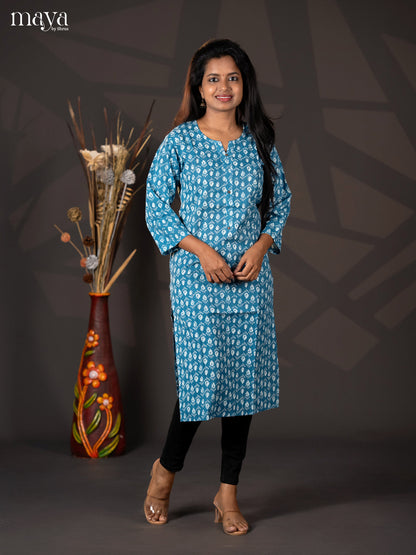 Light Blue Kantha Cotton Block Printed Straight Kurti