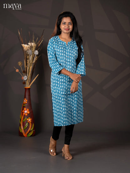 Light Blue Kantha Cotton Block Printed Straight Kurti