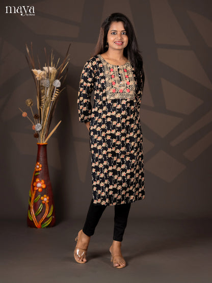 Black Floral printed Cotton Straight Kurti