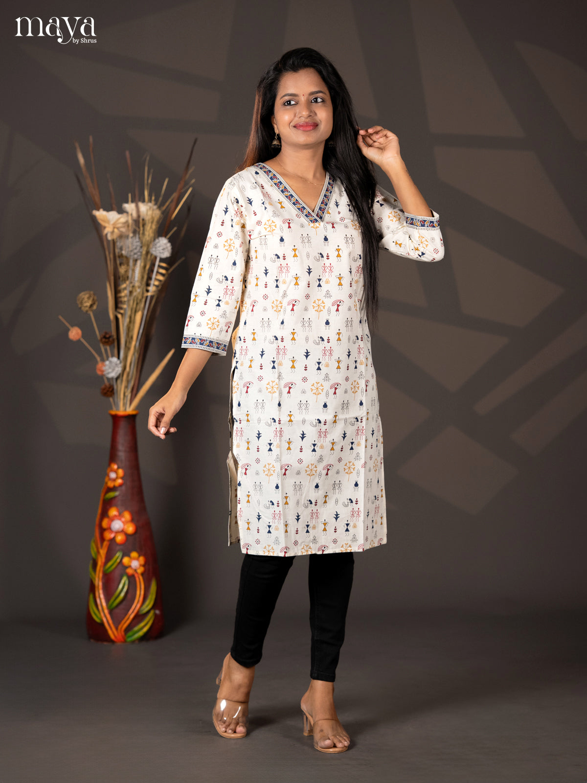 Cream with Navy Blue Warli printed Rayon Straight Kurti