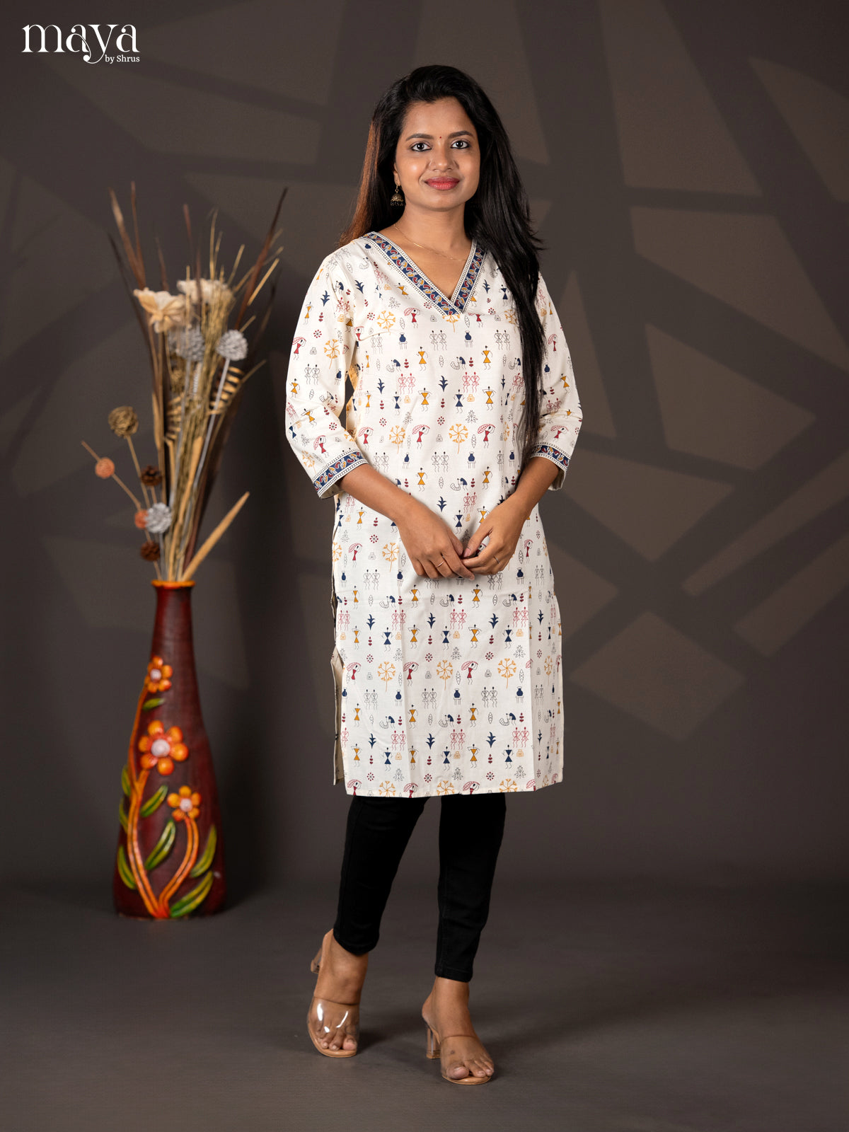 Cream with Navy Blue Warli printed Rayon Straight Kurti