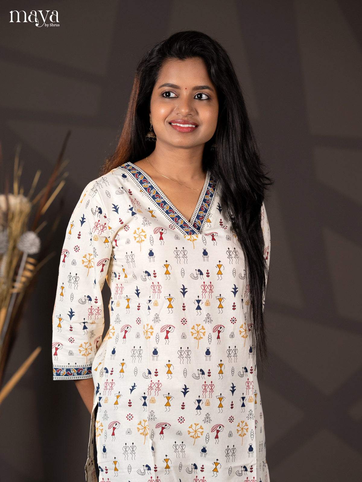 Cream with Navy Blue Warli printed Rayon Straight Kurti