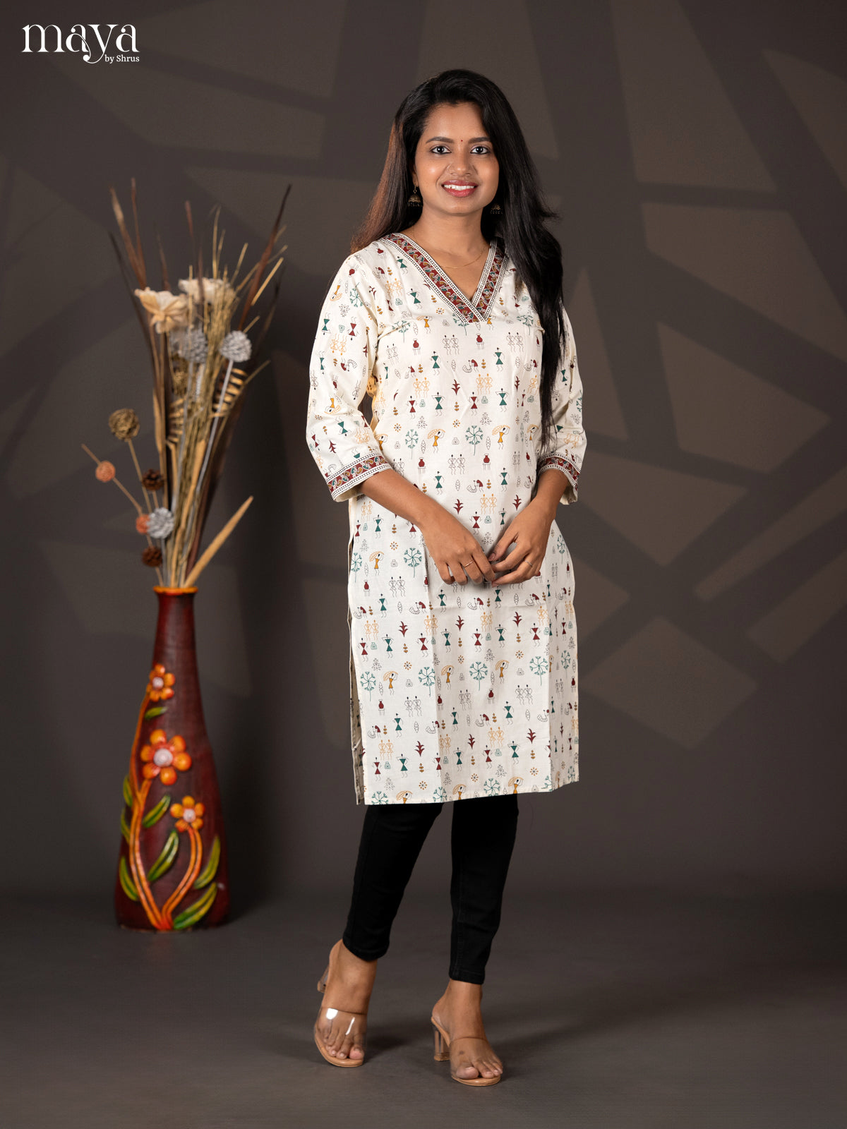 Cream with Navy Blue Warli printed Rayon Straight Kurti