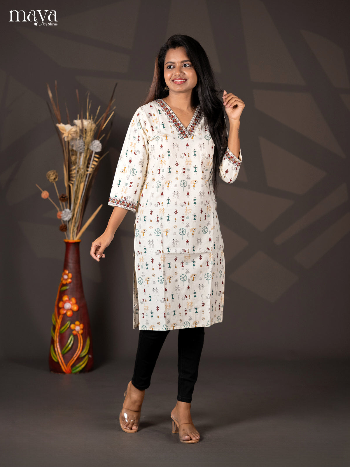 Cream with Navy Blue Warli printed Rayon Straight Kurti