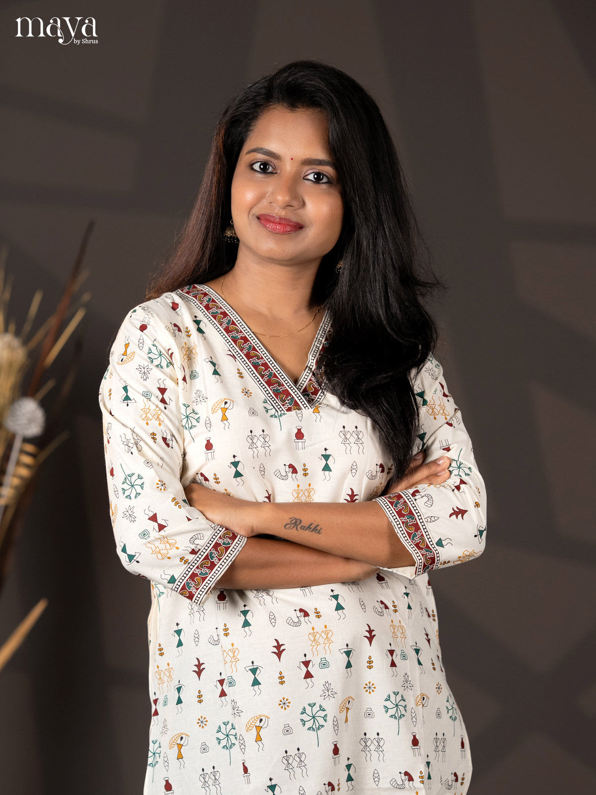 Cream with Navy Blue Warli printed Rayon Straight Kurti