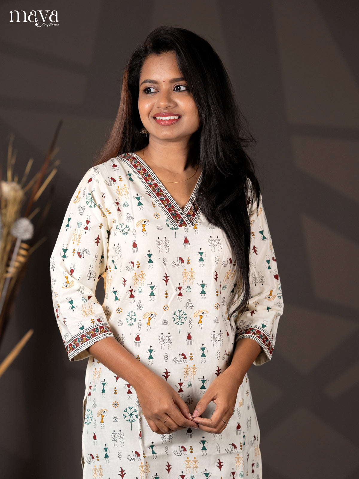 Cream with Navy Blue Warli printed Rayon Straight Kurti