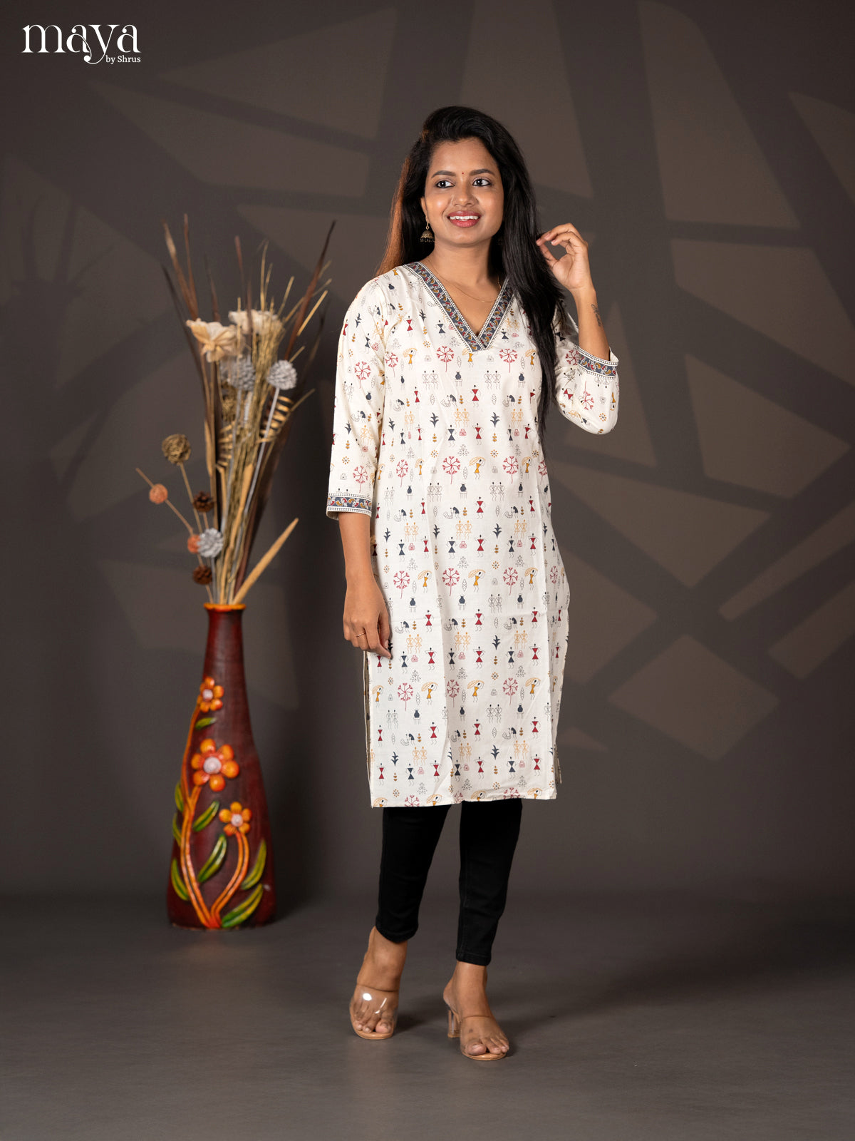 Cream with Grey Warli Printed Rayon Straight Kurti