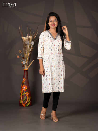 Cream with Grey Warli Printed Rayon Straight Kurti
