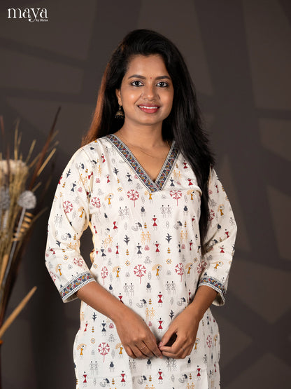 Cream with Grey Warli Printed Rayon Straight Kurti